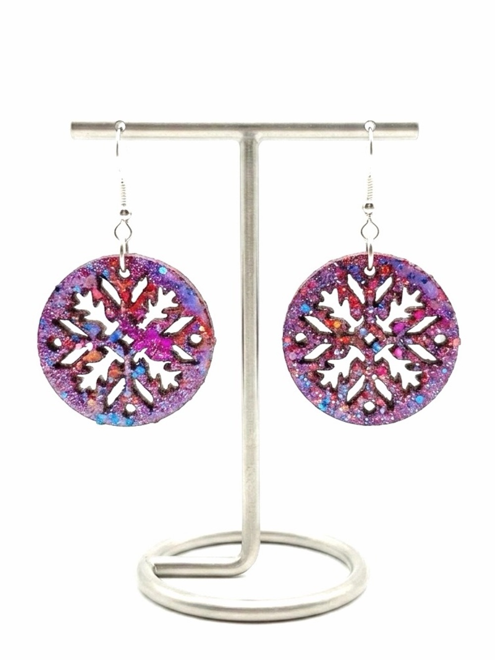 New Artisan & Hand Painted Blue Sparkly Round Snowflake Sterling Silver Earrings